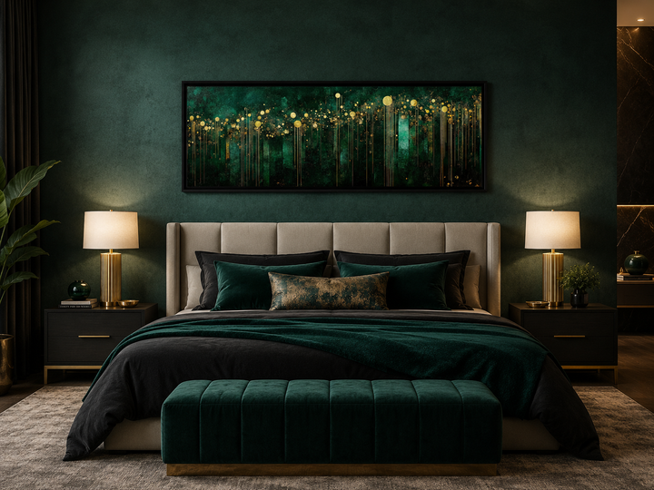 Emerald green and gold art deco framed canvas wall art hanging above a bed in a dark green bedroom.