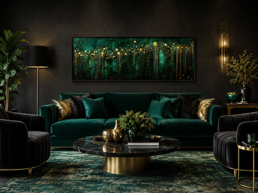 Horizontal art deco framed canvas with emerald green and gold patterns above a green velvet sofa.