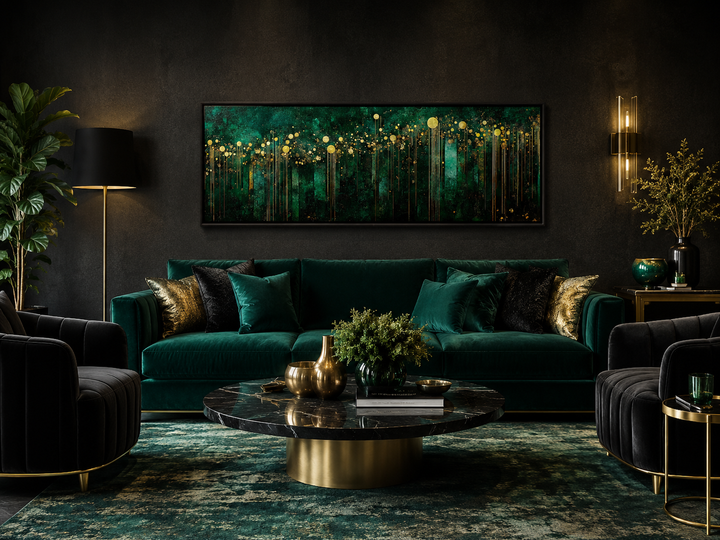 Horizontal art deco framed canvas with emerald green and gold patterns above a green velvet sofa.