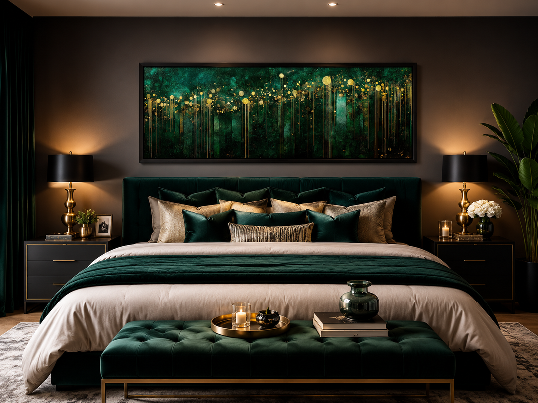 Horizontal art deco framed canvas with emerald green and gold abstract patterns above a bed.