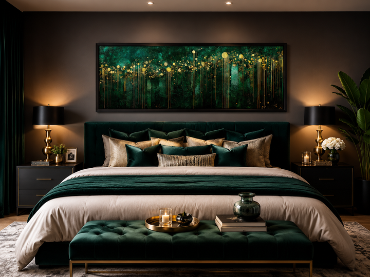 Horizontal art deco framed canvas with emerald green and gold abstract patterns above a bed.