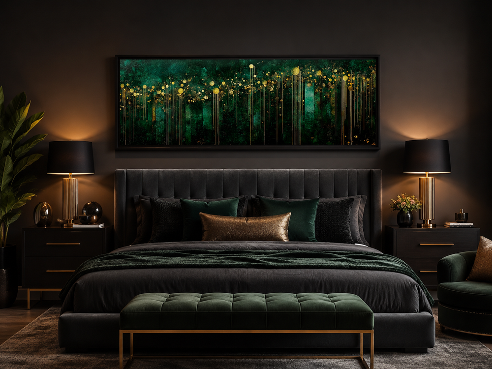 Horizontal art deco framed canvas with emerald green and gold abstract patterns above a bed.