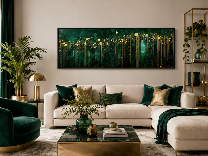 Emerald green and gold horizontal art deco framed canvas wall art hanging above a white sofa.