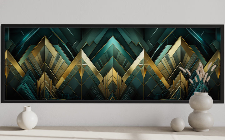 Emerald Green Gold Living Room Horizontal Art Deco Framed Canvas Wall Art