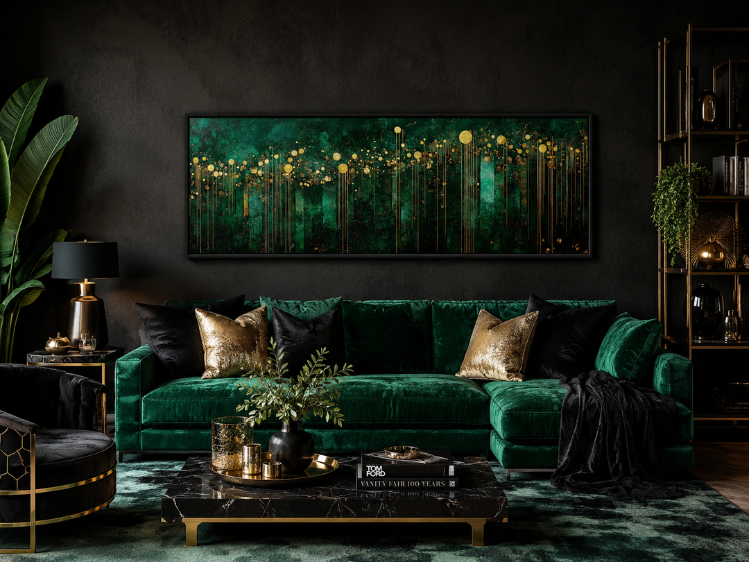 Emerald green and gold art deco horizontal framed canvas wall art above a green velvet sofa.