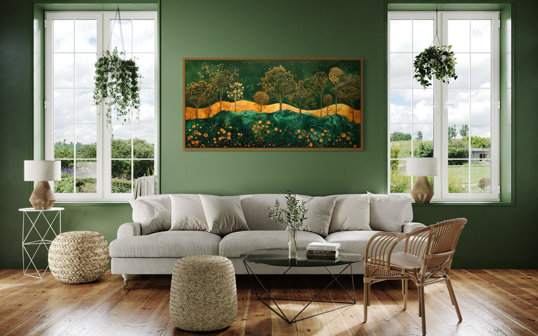 Emerald Green Gold Wall Art – Art Nouveau Framed Canvas Print With Tree Motif