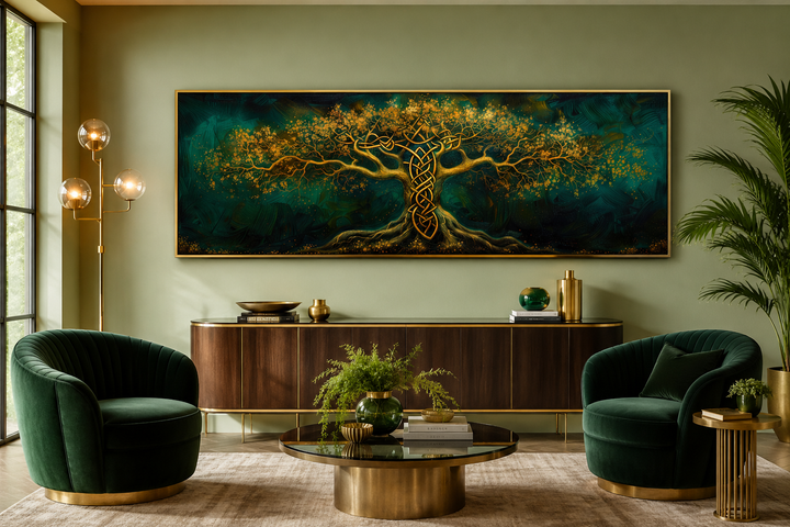 Emerald green and gold Yggdrasil tree of life framed canvas wall art in a modern living room.