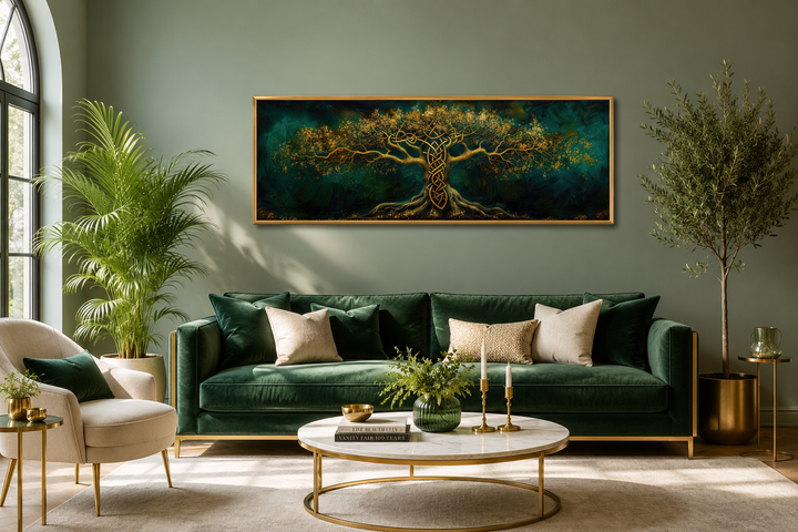 Emerald green and gold Yggdrasil tree framed canvas wall art hanging above a green velvet sofa.