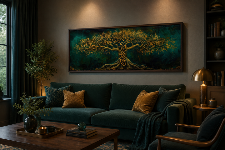 Emerald green and gold Yggdrasil tree of life framed canvas wall art above a dark green sofa.