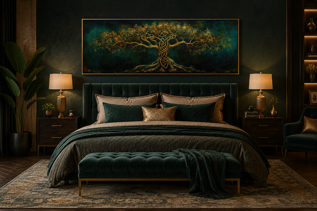 Emerald green and gold Yggdrasil tree framed canvas wall art hanging above a dark green velvet bed.