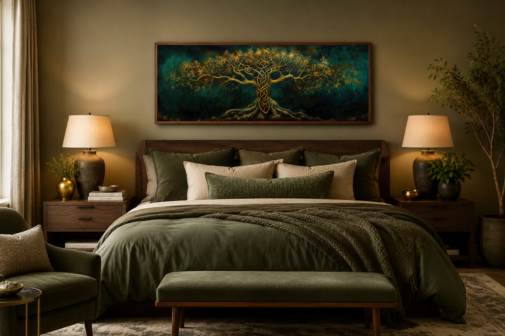 Emerald green and gold Yggdrasil tree framed canvas wall art hanging above a bed in a bedroom.