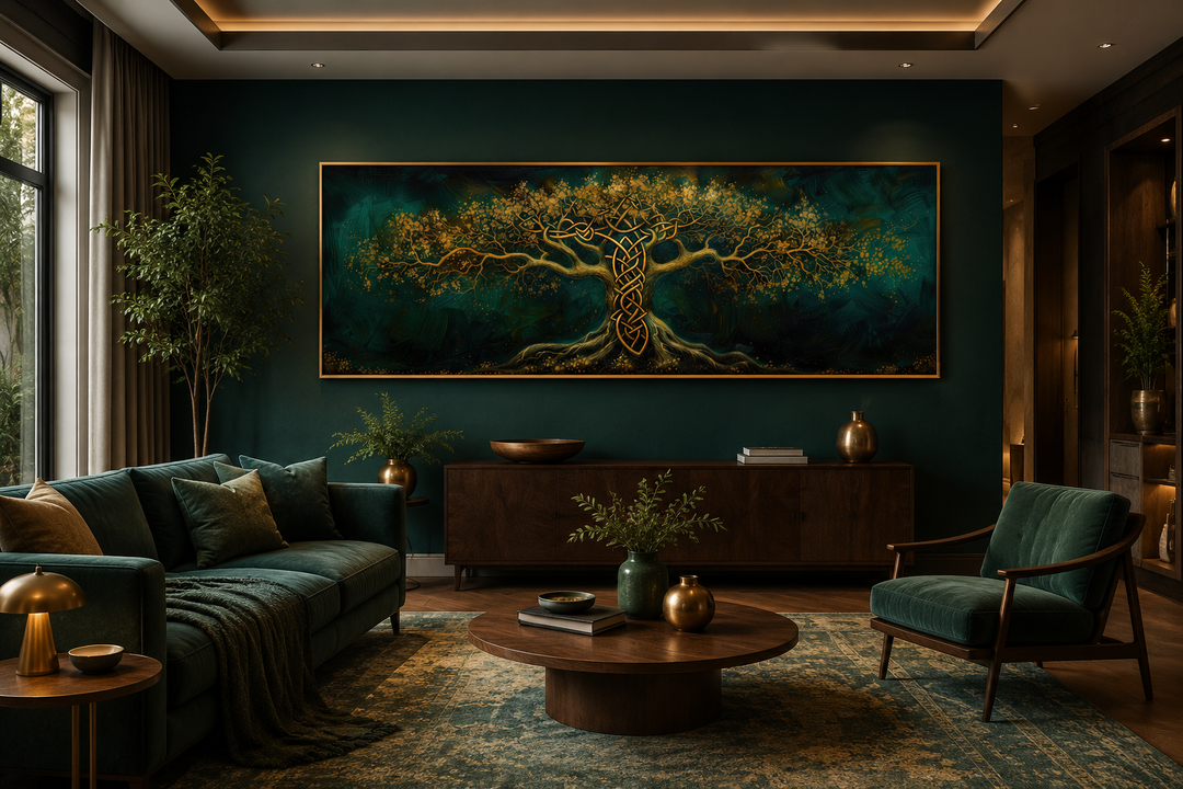 Emerald green and gold Yggdrasil tree framed canvas wall art hanging above a dark wood sideboard.