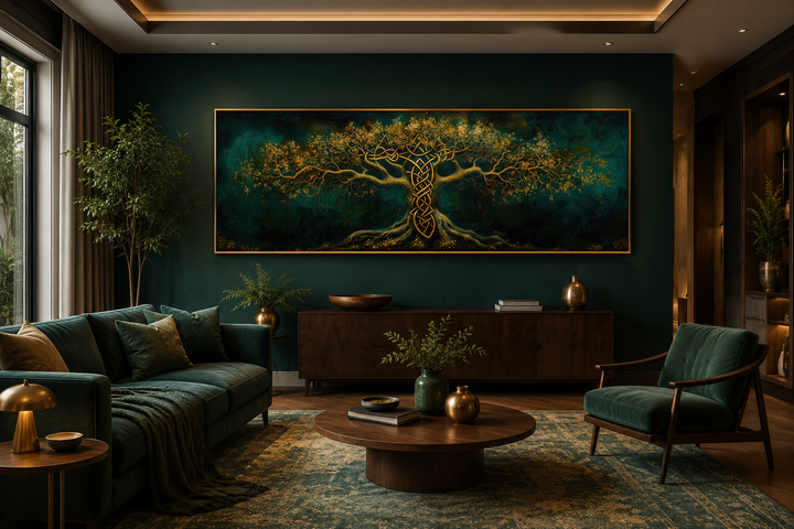 Emerald green and gold Yggdrasil tree framed canvas wall art hanging above a dark wood sideboard.
