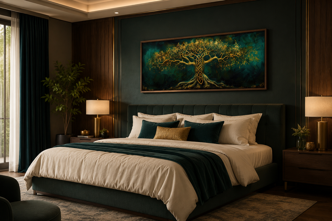 Framed horizontal canvas art of a gold Yggdrasil tree on an emerald green background above a bed.