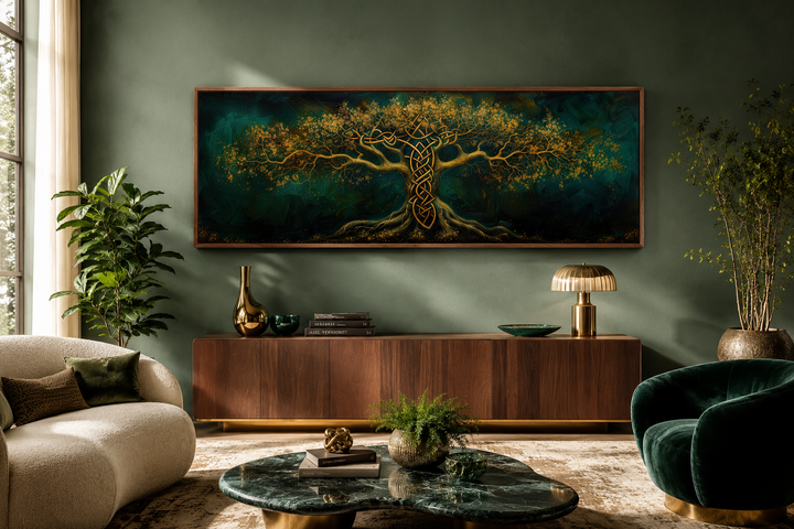 Emerald green and gold Yggdrasil tree of life framed canvas wall art in a modern living room.