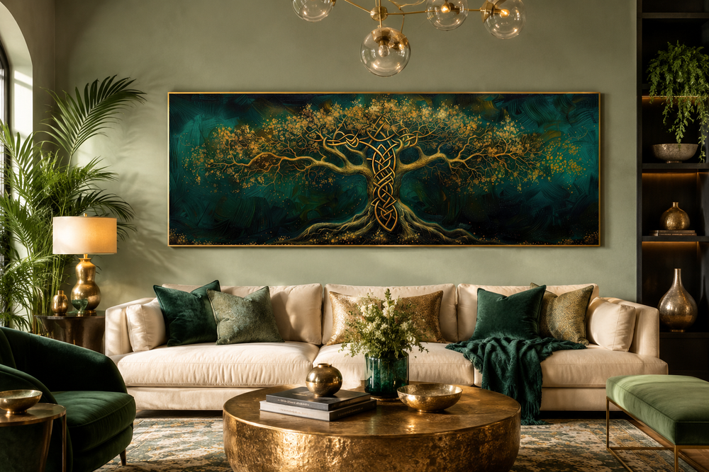 Emerald green and gold Yggdrasil tree of life framed horizontal canvas wall art above a sofa.