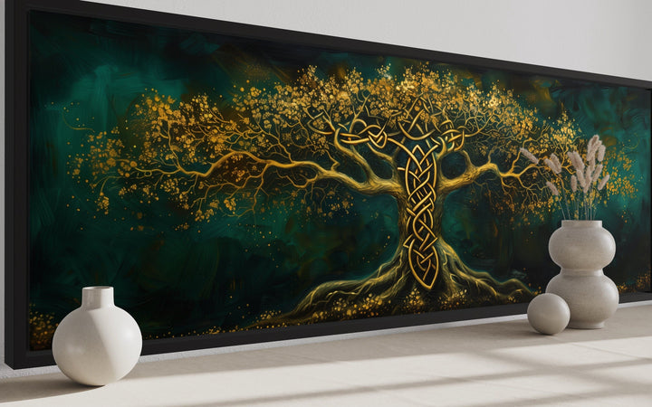 Emerald green and gold Yggdrasil tree framed canvas wall art in a horizontal panoramic format.