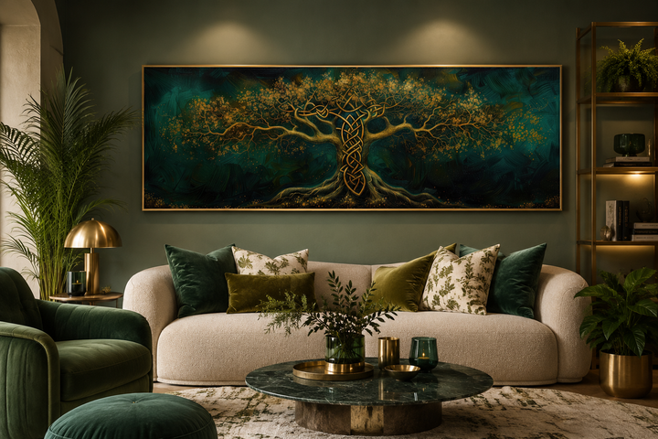 Emerald green and gold Yggdrasil tree framed canvas wall art above a cream sofa in a living room.