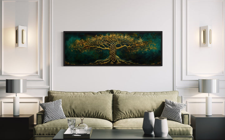 Emerald Green Gold Yggdrasil Tree Framed Canvas Wall Art