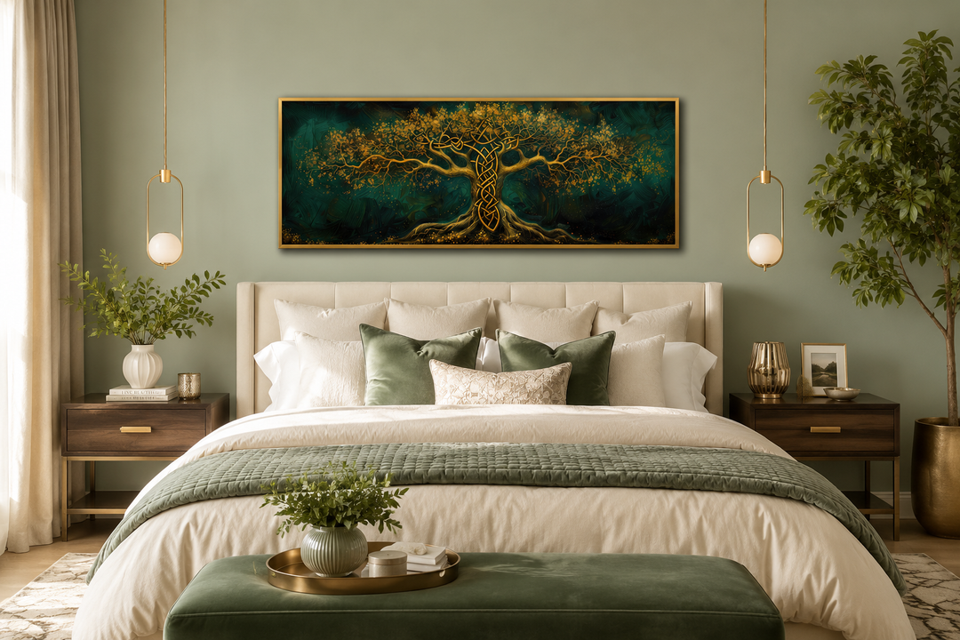 Emerald green and gold Yggdrasil tree framed canvas wall art hanging above a bed in a bedroom.