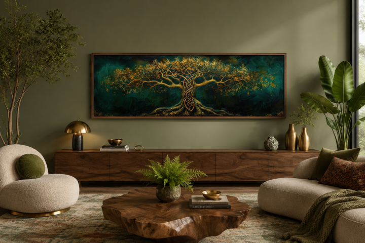Emerald green and gold Yggdrasil tree of life framed canvas wall art in a modern living room.