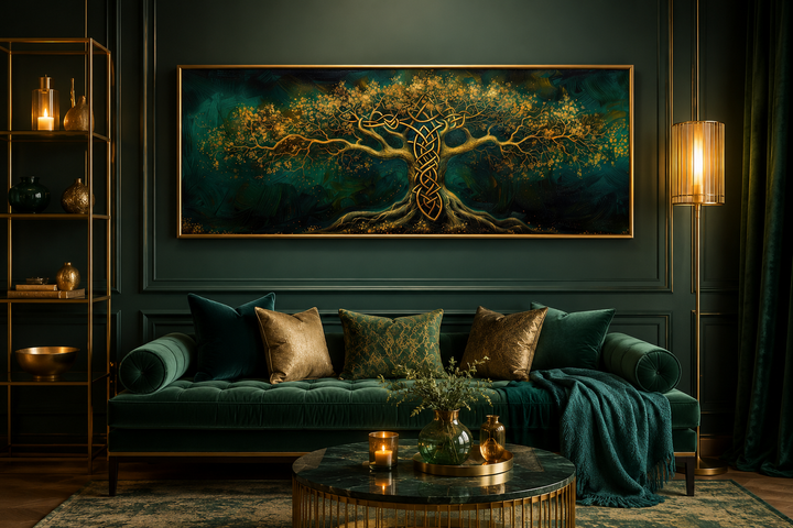 Emerald green and gold Yggdrasil tree framed canvas wall art hanging above a green velvet sofa.
