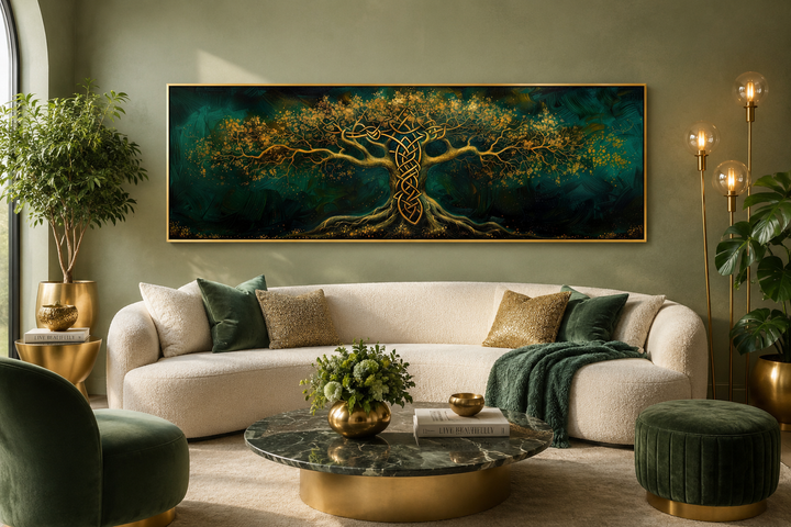 Emerald green and gold Yggdrasil tree framed canvas wall art above a white curved sofa.