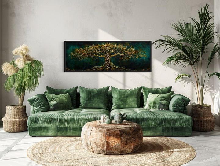 Emerald Green Gold Yggdrasil Tree Framed Canvas Wall Art