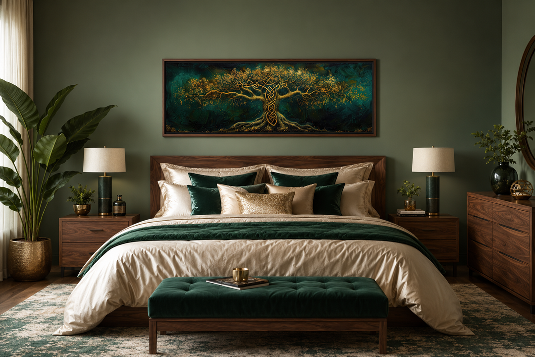 Emerald green and gold Yggdrasil tree framed canvas wall art hanging above a bed in a bedroom.