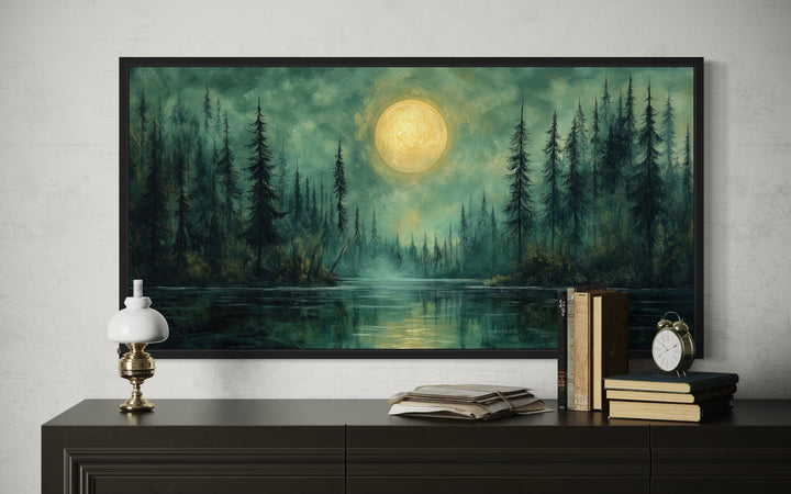 Emerald Green Lake, Forest Moon Vintage Framed Canvas Wall Art