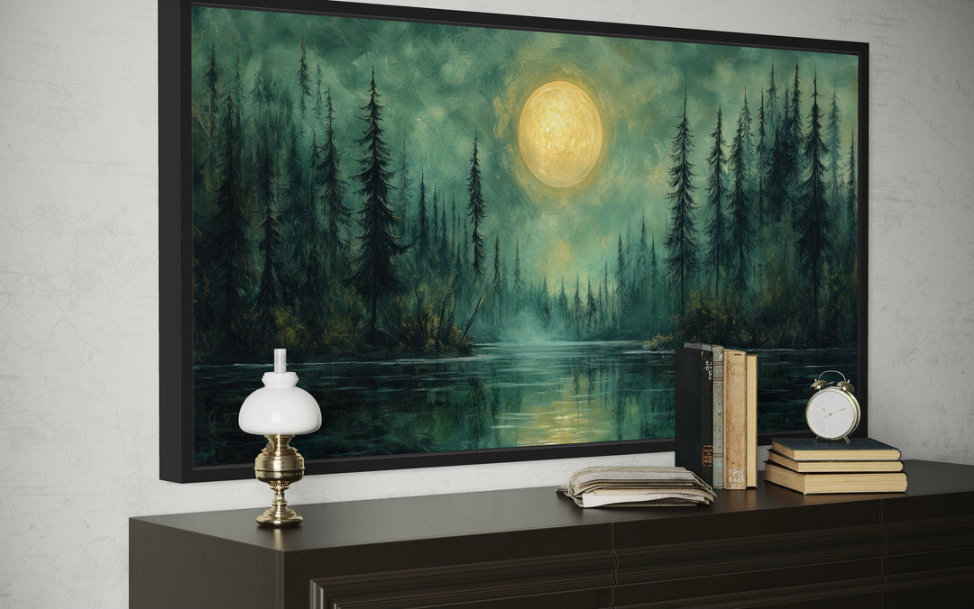 Emerald Green Lake, Forest Moon Vintage Framed Canvas Wall Art