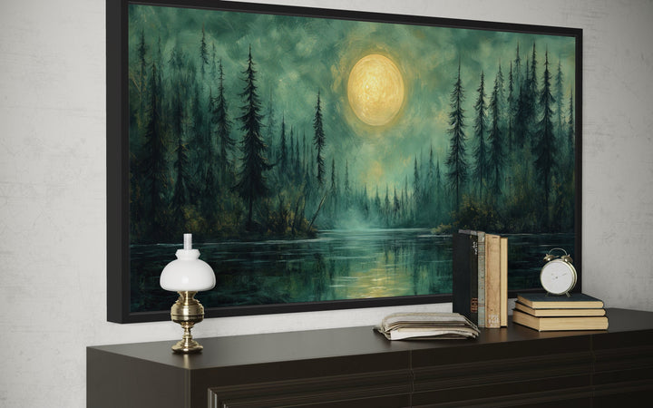 Emerald Green Lake, Forest Moon Vintage Framed Canvas Wall Art