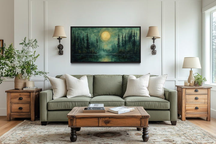 Emerald Green Lake, Forest Moon Vintage Framed Canvas Wall Art
