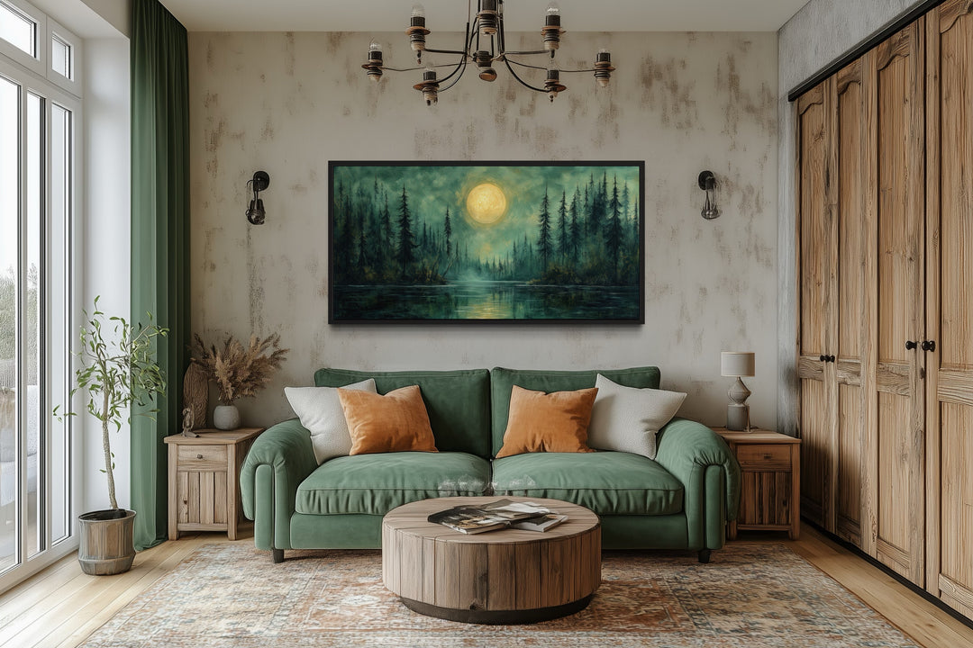 Emerald Green Lake, Forest Moon Vintage Framed Canvas Wall Art
