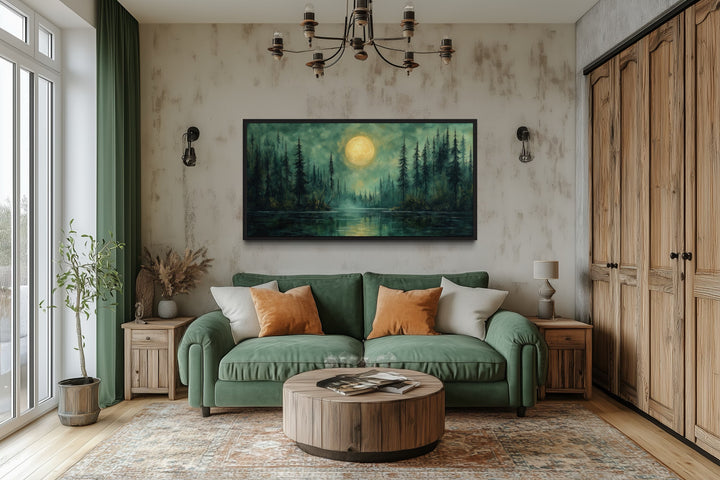 Emerald Green Lake, Forest Moon Vintage Framed Canvas Wall Art