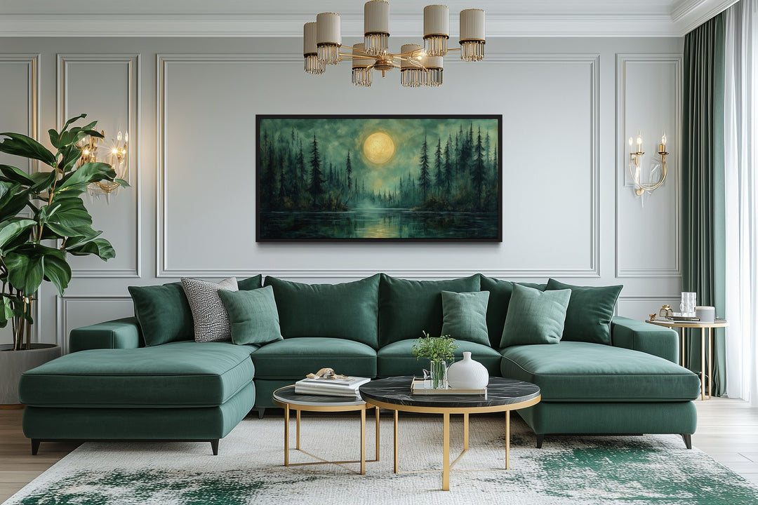 Emerald Green Lake, Forest Moon Vintage Framed Canvas Wall Art