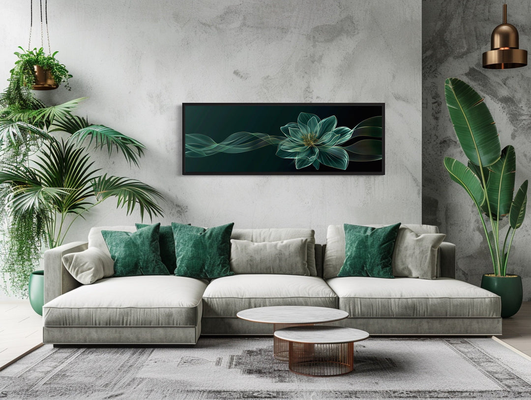 Emerald Green Living Room Minimalist Flower Long Horizontal Wall Art