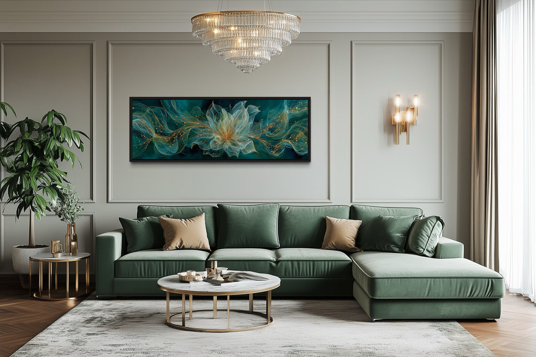 Emerald Green Living Room Minimalist Flower Long Horizontal Wall Art