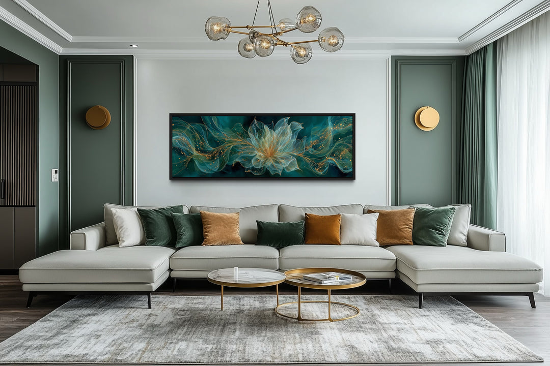 Emerald Green Living Room Minimalist Flower Long Horizontal Wall Art
