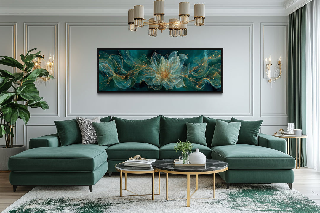 Emerald Green Living Room Minimalist Flower Long Horizontal Wall Art