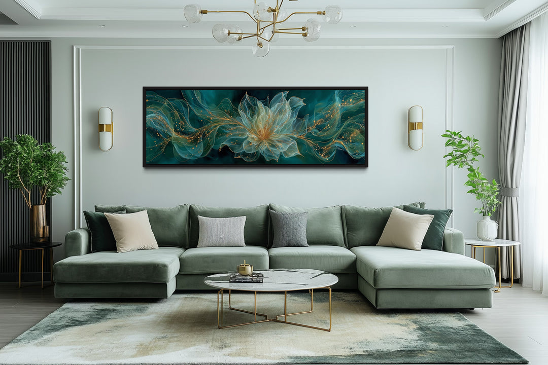 Emerald Green Living Room Minimalist Flower Long Horizontal Wall Art