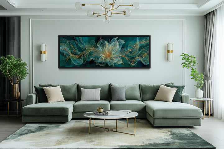 Emerald Green Living Room Minimalist Flower Long Horizontal Wall Art