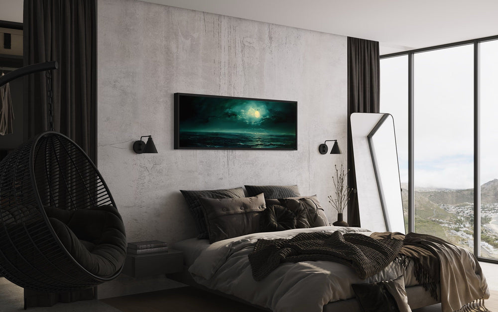 Emerald Green Ocean Seascape With Moon Over Bed Wall Art in man's bedroom