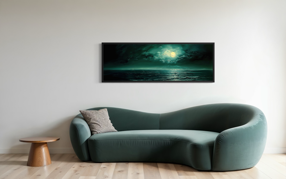 Emerald green ocean seascape wall art with a glowing moon above a curved green velvet sofa.
