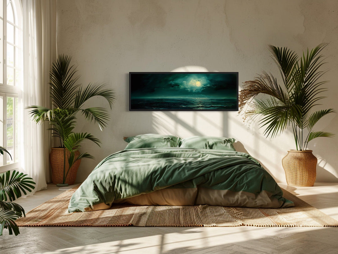 Emerald Green Ocean Seascape With Moon Over Bed Wall Art