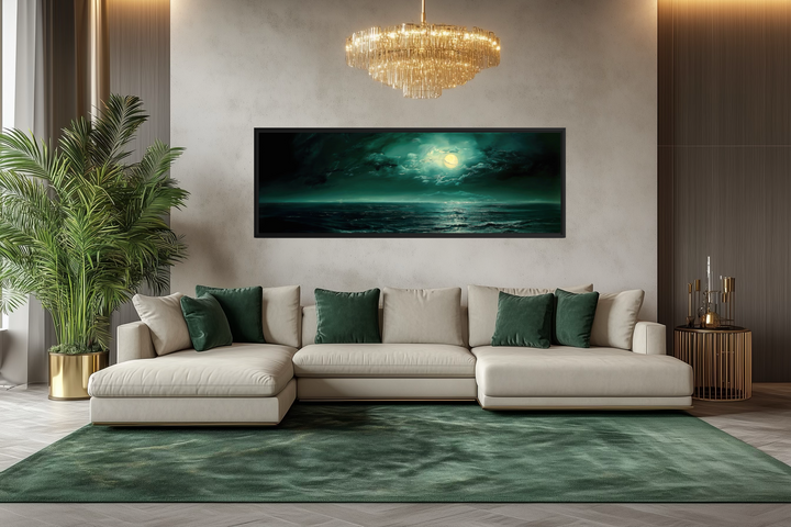 Emerald green ocean seascape wall art with a moonlit sky displayed above a modern sectional sofa.