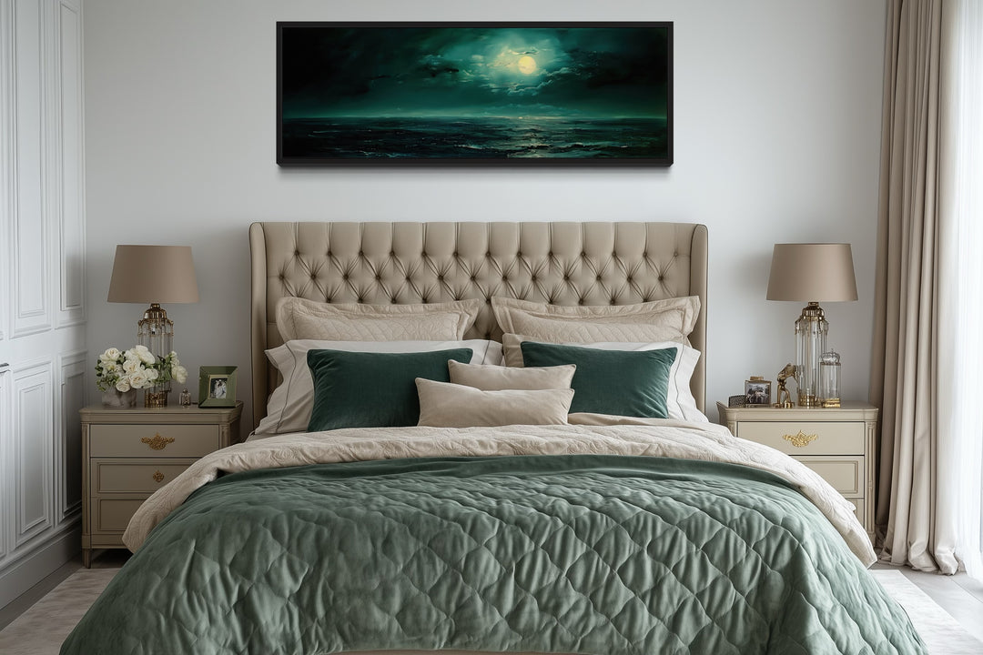 Emerald Green Ocean Seascape With Moon Over Bed Wall Art