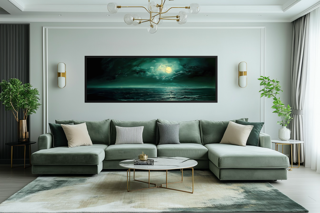 Emerald green ocean seascape wall art with a glowing moon over a modern living room sofa.