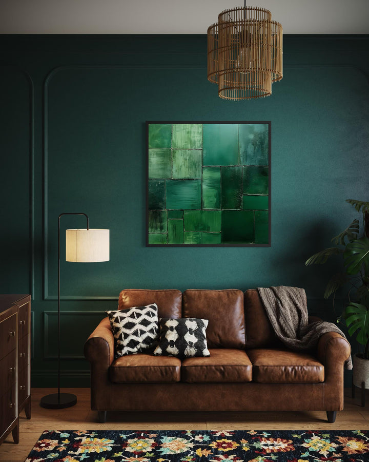 Modern geometric painting on a square canvas print featuring emerald green abstract shapes.