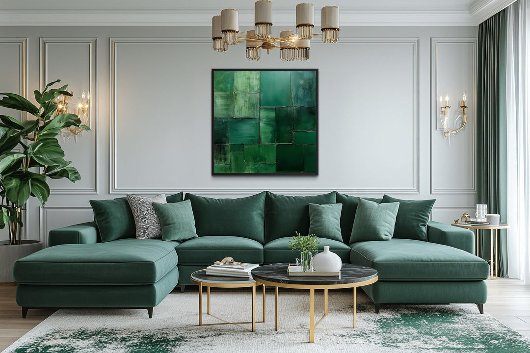 Modern geometric emerald green abstract painting on a square canvas print in a luxury living room.